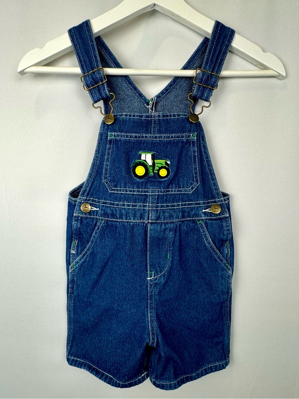 John Deere Kids Blue Denim Overall Shorts Embroidered Tractor Size 4T Summer